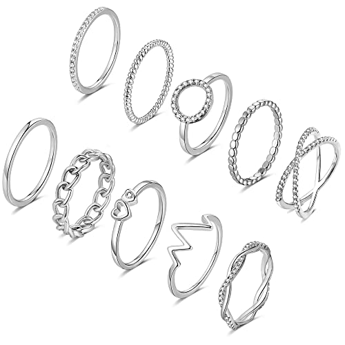 JPXXFM 10 pcs plattierte Ringe für Frauen Stapelbare Knöchelringe Set Niedliche Silberstapel-Band Ringpack einfach Herz Zirkonia Hochzeit Versprechen Ewigkeit Ringe Größe 5-12 von JPXXFM
