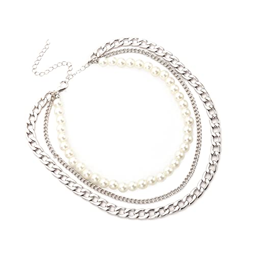 JPXXFM 3 Layer Necklace, for Women Adjustable Pearl Beads and Cuban Chain Necklace von JPXXFM