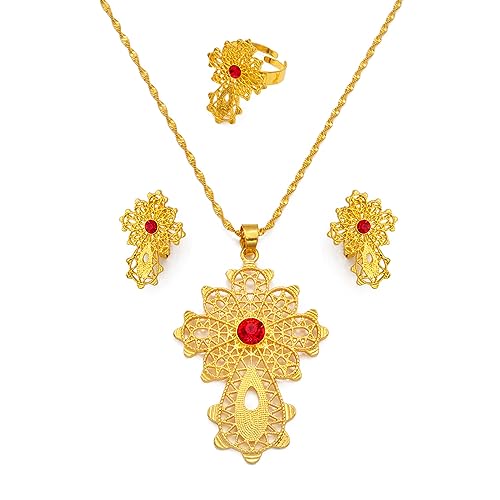 JPXXFM Accessoires für Männer und Frauen äthiopisch großer Kreuz Halskette Ohrringe Ring Frauen Farbe Eritrea Afrikan von JPXXFM