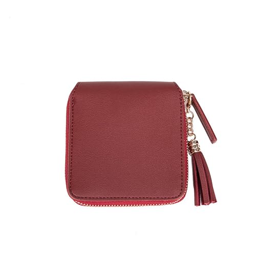 JPXXFM Frauen Mädchen Mini -Brieftasche | Square Reißverschlusstasche mit Quasten | Kreditkarteninhaber | Einfach | Kupplungsbeutel (schwarz), Weinrot von JPXXFM