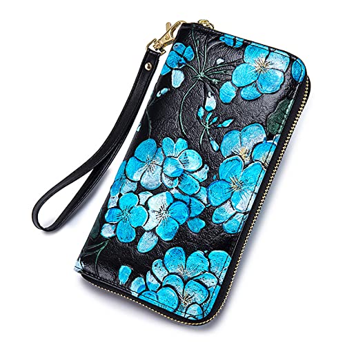 JPXXFM Frauen mit echtem Leder Brieftasche blockieren Kreditkartenhalterung Damen Clutch Travel Tasche Armband (Z-Green), T-Blue von JPXXFM