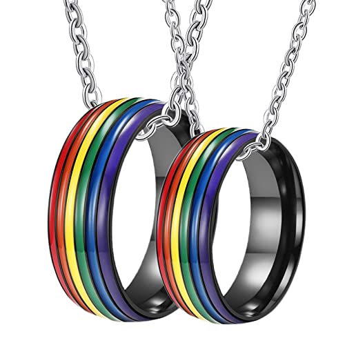 JPXXFM LGBT -Halskette für Frauen, Paare Halskette Customized Edelstahl 8mm schwarzer Ring mit Regenbogen Emaille von JPXXFM