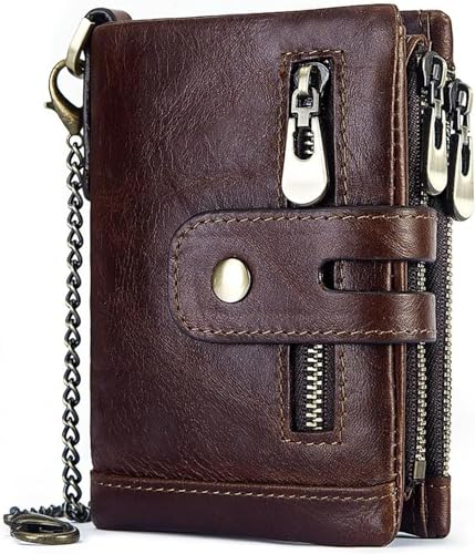 JPXXFM Ledermenschen Brieftasche mit Kette echter Lederbrandblockblocke biflold Doppler münze mit Anti-Diebstahl-Kette Multifunktionaler Kartenhalter Minimalist Purser Münztasche mit ID-Fenster von JPXXFM