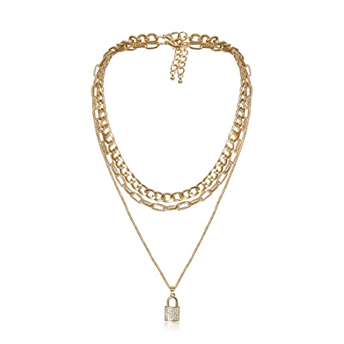 JPXXFM Necklace Chain, Layered Necklaces for Women Trendy Adjustable Cuban Chain Necklace with Lock Pendant JPXXFM Necklace Chain, Layered Necklaces for Women Trendy Adjustable Cuban Chain Necklace with Lock Pendant von JPXXFM