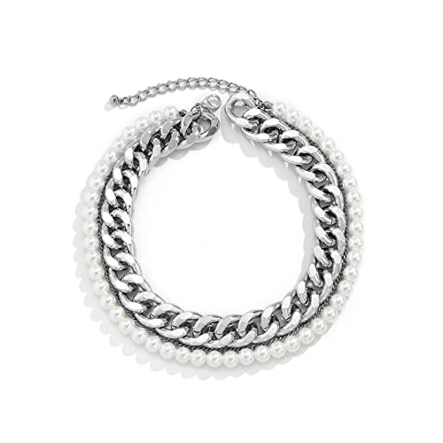 JPXXFM Necklace Chain, for Women Adjustable WhiteOne colorCustomPlated Pearl Beads and Cuban Chain Necklace von JPXXFM