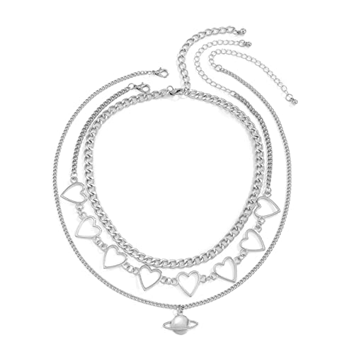 JPXXFM Necklaces for Women, Layered Necklaces for Women Trendy Adjustable Cuban Chain Necklace with Heart and Planet Pendant von JPXXFM