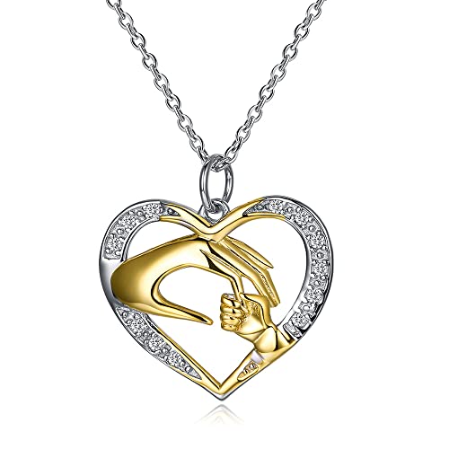 JPXXFM Weißes hohles Herz Anhänger Halskette, Moissanit-aufgebrachte Liebe Mutter und Kind Hand in Hand Design Halskette, bedeutungsvolles Schmuckgeschenk für Mutter von JPXXFM