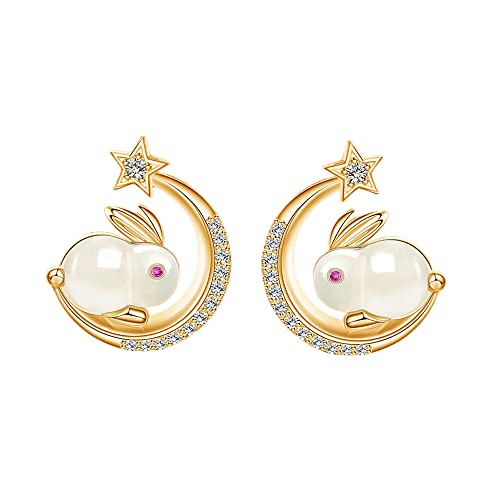 Moon Star Rabbit Earrings for Women Hypoallergenic Crystal Crescent Artificial Jade Animal Bunny Stud Cartilage Earring Cute Easter Birthday Jewelry for Pet-Lover von JPXXFM