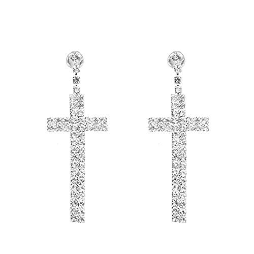 Rhinestone Cross Dangle Stud Earrings for Women Silver-Toned Crystal Cubic Zirconia Faith Charms Statement Drop Dangling Studs Delicate Lightweight Wedding Birthday Christmas Jewelry Gifts von JPXXFM