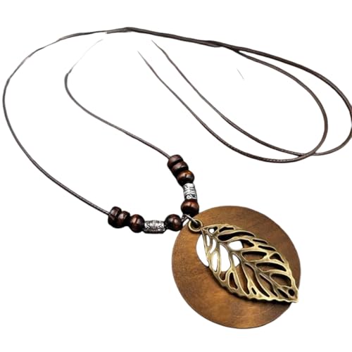 Schmuck Neue 2025 Ankunft Vintage Holzeule Blatt Anhänger Halsketten Ethnische Metallhöhle Blätter Halsketten Langes Wachs Seilkette für Frauen Geschenke mit für Sie trendy kreatives Geschenk Geschenk von JPXXFM