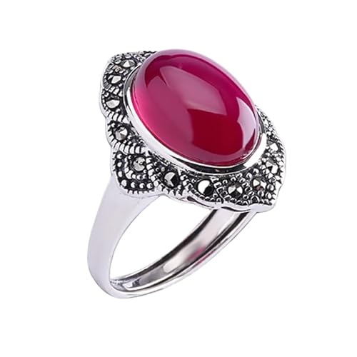 Sterling Silber Silber Verstellbarer Ring für Frauen, Retro Distressed Itraid Oval Red Corundum Stone Band Schmuck für Hochzeit Ewigkeit Versprechen Finger Circlet Geschenk von JPXXFM