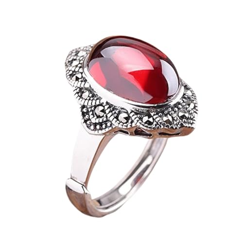 Sterling Silber Silber Verstellbarer Ring für Frauen, Retro Distressed Itraid Oval Red Granat Stone Band Schmuck für Hochzeit Eternität Versprechen Finger Circlet Geschenk von JPXXFM