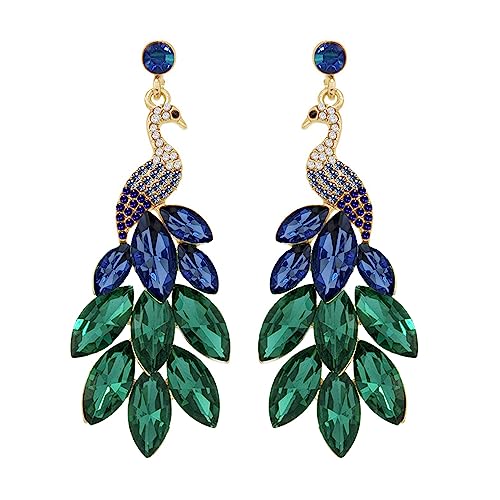 Vintage Peacock Dangle Earrings for Women 14K Plated Green Crystal Feather Peafowl Statement Drop Dangling Stud Earring Boho Exaggerated Birthday Holiday Jewelry Gifts von JPXXFM