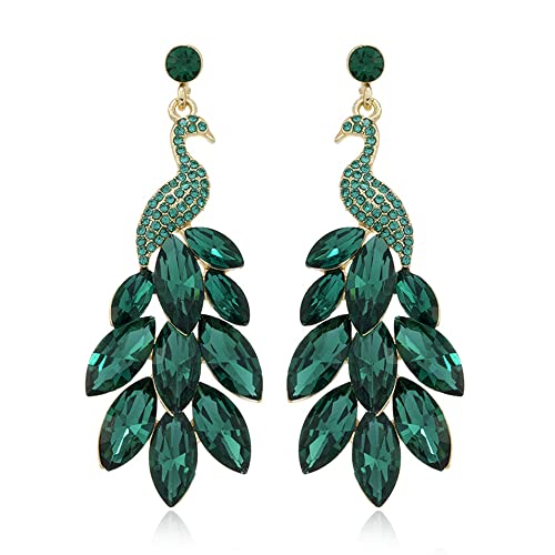 Vintage Peacock Dangle Earrings for Women 14K Plated Green Crystal Feather Peafowl Statement Drop Dangling Stud Earring Boho Exaggerated Birthday Holiday Jewelry Gifts von JPXXFM