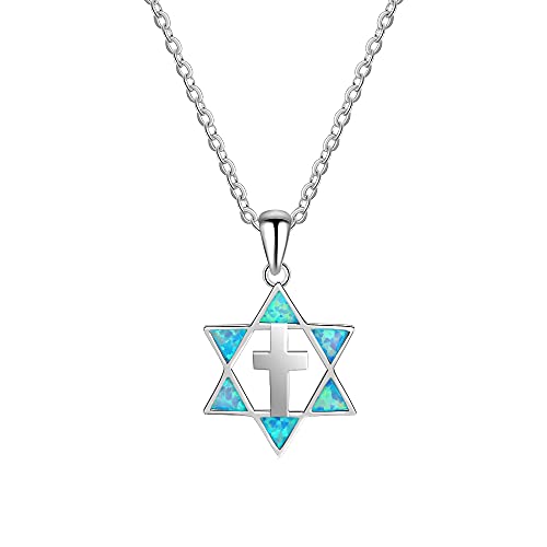 JQQJZLC Kronleuchter blaues Feuer Opal Halskette Cross Halsketten Anhänger Hexagramm Schmuckzubehör Geschenk Leuchte von JQQJZLC