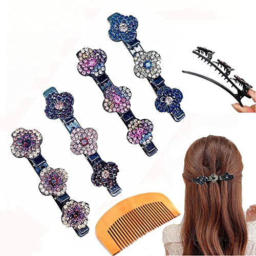 4 Stück Glitzernde Kristallstein Geflochtene Haarspangen, Strass-Haarspangen mit 3 kleinen Spangen, Sparkling Crystal Stone Braided Hair Clips, Kristallblume Geflochtene Haarspangen für Frauen von JQUAL