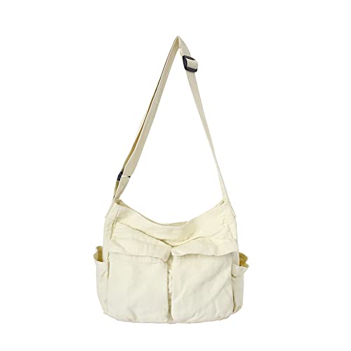 Canvas Messenger Bag Große Hobo Crossbody Tasche mit mehreren Taschen Canvas Schultertasche für Damen und Herren, A04-weiß von JQWSVE