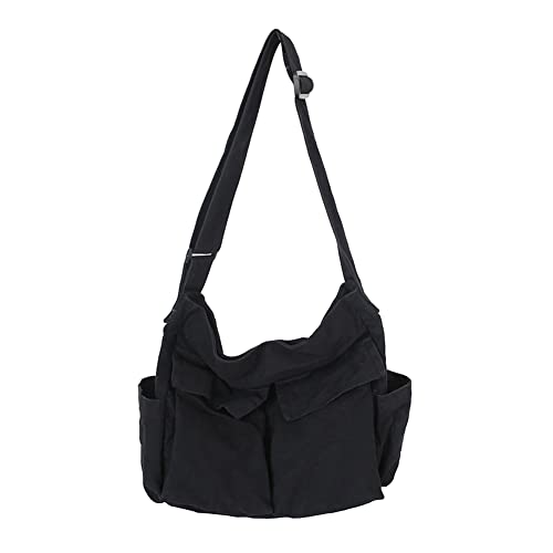 Canvas Schultertasche Große Hobo Crossbody Tasche mit mehreren Taschen Canvas Messenger Tote Bag für Damen und Herren, A02-Schwarz von JQWSVE