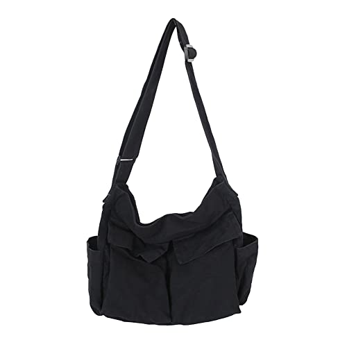 JQWSVE Canvas Messenger Bag Large Hobo Crossbody Bag with Multiple Pockets Canvas Shoulder Tote Bag for Women and Men, A02-Schwarz, 15.74 * 13.38 * 5.90in von JQWSVE