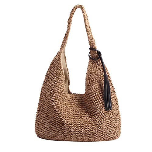 JQWSVE Strohtasche für Frauen Sommer Strandtasche Weich Gewebt Tote Bag Große Rattan Umhängetasche für Urlaub, Unregelmäßiges Braun von JQWSVE