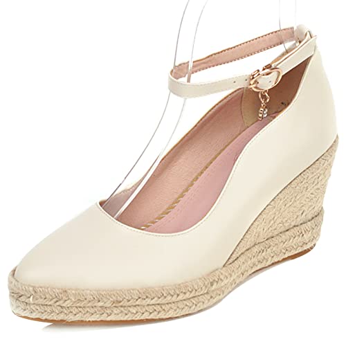 JR.catning Damen Ankle Schnalle Schuhe Pointed Toe Herbst Csual Schuhe Klassischer Espadrilles Keilabsatz Schuhe Beige Gr 39 EU/40Cn von JR.catning