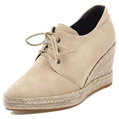 JR.catning Damen Espadrilles Keilabsatz Schuhe Runde Zehen Schnürsenkel Leisure Schuhe Beige Gr 35 EU von JR.catning