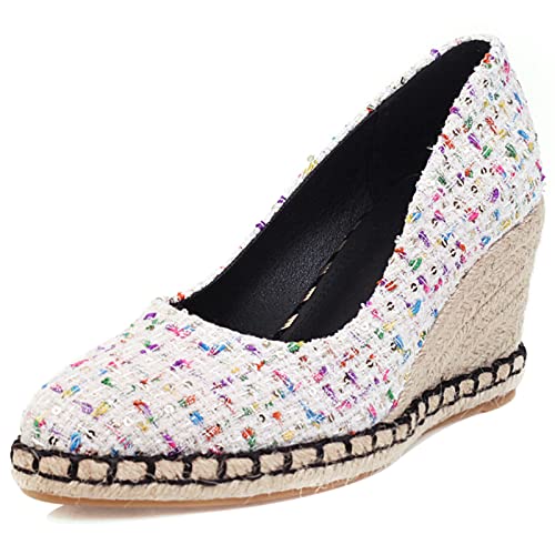 JR.catning Damen Ohne Verschluss Schuhe Pointed Toe Leisure Keilabsatz Schuhe Klassischer Espadrilles Keilabsatz Schuhe Weiß Gr 38 EU/39Cn von JR.catning