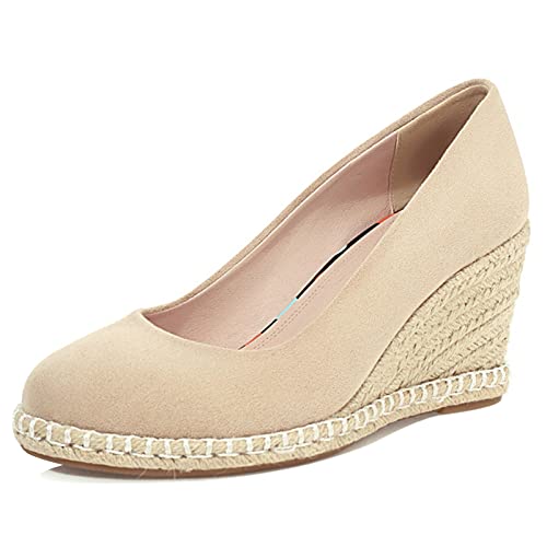 JR.catning Damen Runde Zehen Ohne Verschluss Schuhe Klassischer Espadrilles Keilabsatz Schuhe Beige Gr 38 EU/39Cn von JR.catning