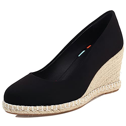 JR.catning Damen Runde Zehen Ohne Verschluss Schuhe Klassischer Espadrilles Keilabsatz Schuhe Schwarz Gr 36 EU von JR.catning