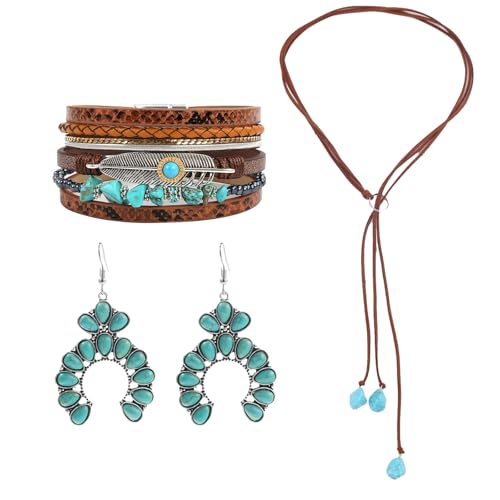 JRAIYBZ Westernschmuck für Damen, böhmischer Türkis, baumelnde Ohrringe, Bullhead-Anhänger, geschichteter Choker, Boho-Kunstleder-Armband, Country-Konzert, Cowgirl-Zubehör, Schmuck für Frauen (709Y JRAIYBZ Westernschmuck für Damen, böhmischer Türkis, baumelnde Ohrringe, Bullhead-Anhänger, geschichteter Choker, Boho-Kunstleder-Armband, Country-Konzert, Cowgirl-Zubehör, Schmuck für Frauen (709Y von JRAIYBZ