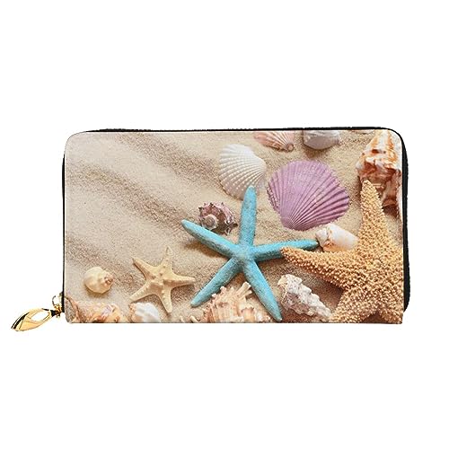 Damen-Geldbörse aus Leder, mit Muscheln, Seestern, bedruckt, großes Fassungsvermögen, Kartenhalter, Damengeldbörse mit mehreren Kartenfächern, lange Damengeldbörse mit Reißverschlussfach, 19 x 10,5 von JRBWTDBW
