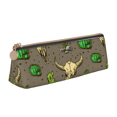 JRBWTDBW Federmäppchen aus Leder, Motiv: Totenkopf des Stiers und niedlicher Kaktus, schlankes Design, Stifttasche mit metallischem Reißverschluss, Größe für Studenten, Büro, Universität, von JRBWTDBW