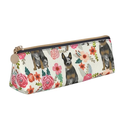 JRBWTDBW Federmäppchen aus Leder mit Rinderhund, Blumenmuster, schlankes Design, Stifttasche mit metallischem Reißverschluss, Größe für Studenten, Büro, Universität, Mittelschule, weiß, Einheitsgröße, von JRBWTDBW