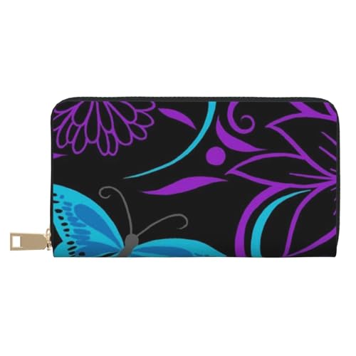 JRBWTDBW Lila Schmetterling und Blumen Lange Kunstleder Clutch Chic Stilvolle Damengeldbörsen für moderne Frauen Große Kapazität Kartenhalter und Organizer-Taschen Langlebige Geldbörse Handtasche für von JRBWTDBW
