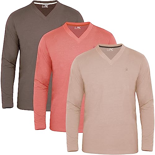 JRC 3er-Pack Herren-Langarm-V-Ausschnitt Shirts, Lässige V-Ausschnitt-Oberteile (Pfirsich-Amber, Rgby Tan, Kakaobraun, M) von JRC Just Royal Clothing