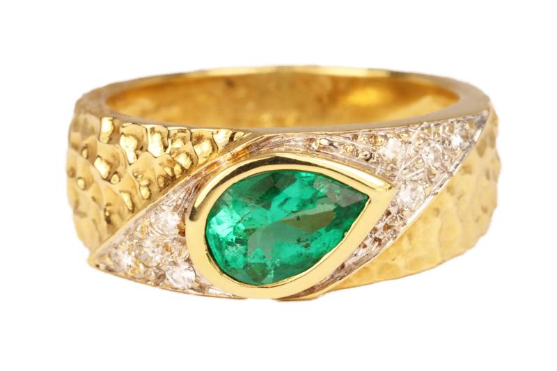 1.10Tcw Satte Grüne Träne Erde Abgebaut Smaragd Und Diamant Ring, Lebendiges Grün & Unisex Ring Im Birnenschliff, Männer 18K von JRColombianEmeralds