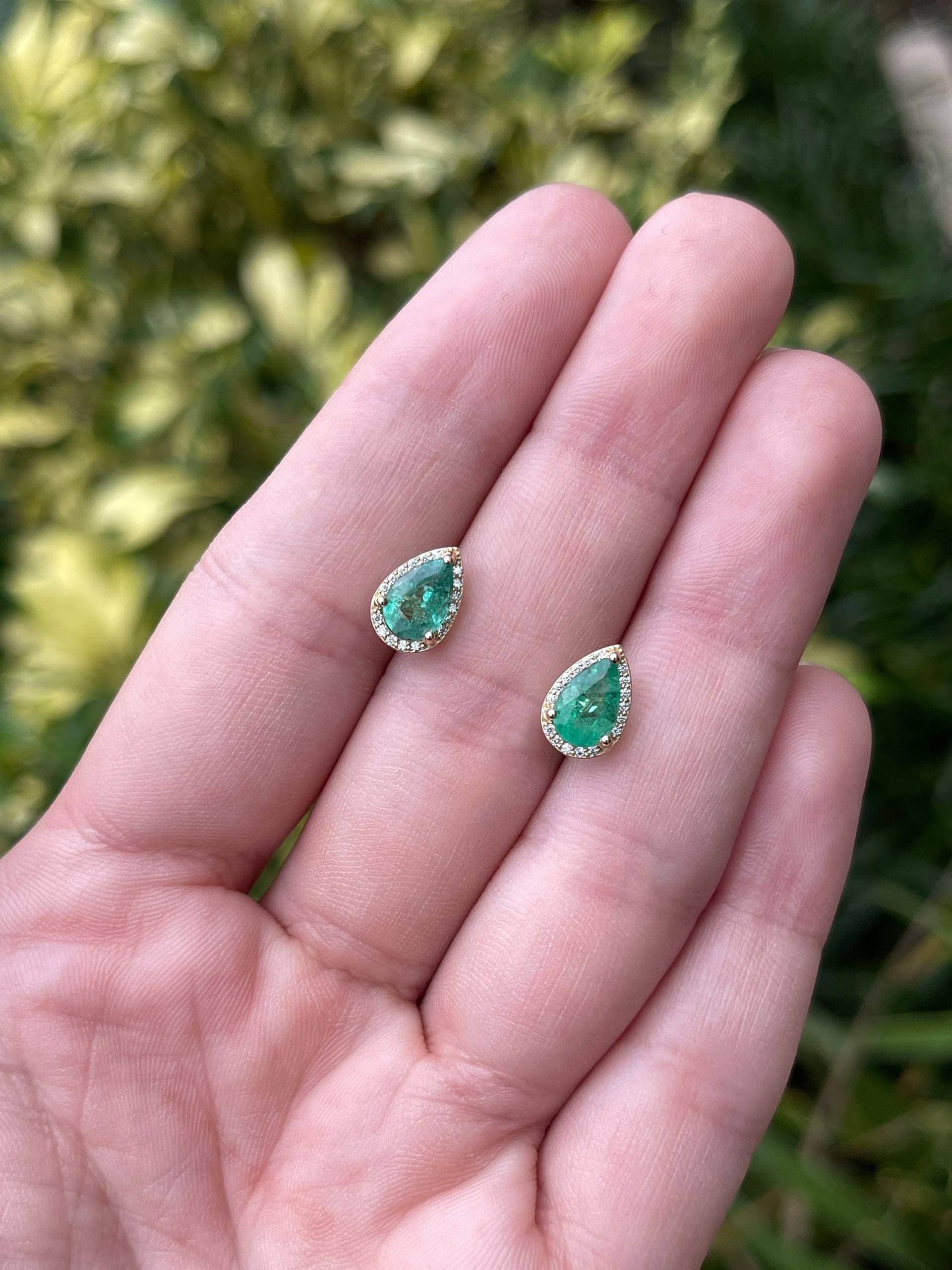 1.87Tcw Tropfen Birne Smaragd & Diamant Pave Halo Ohrringe 14K, Ohrringe, 10x7 Ohrstecker Gelbgold Echter von JRColombianEmeralds