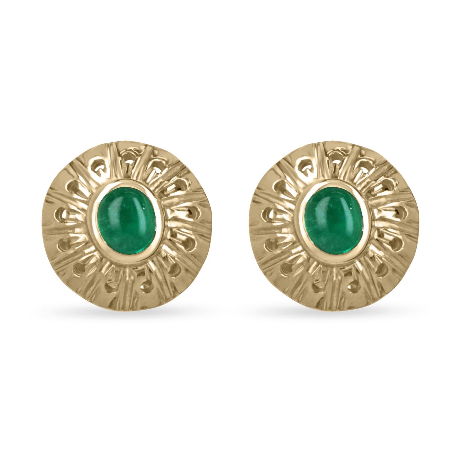 3, 10 Karat Smaragd Cabochon Gold Omega Ohrringe, Smaragde, Ohrstecker 14K von JRColombianEmeralds