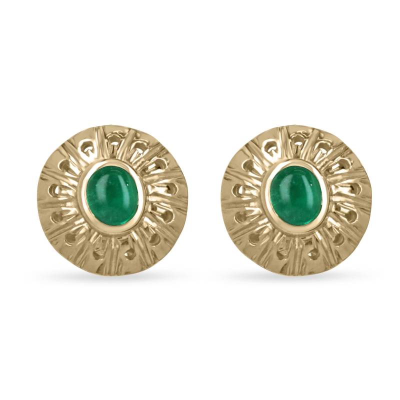 3, 10 Karat Smaragd Cabochon Gold Omega Ohrringe, Smaragde, Ohrstecker 14K von JRColombianEmeralds