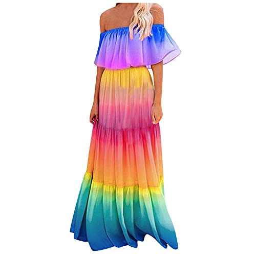 JRFT Boho Kleid Damen Sommer Regenbogen Maxikleider Damen Sommerkleid Strandkleid Damen Lang Boho Schulterfrei Casual Lose Freizeitkleid Sommer Elegant Kleider Freizeit Langes Kleid von JRFT