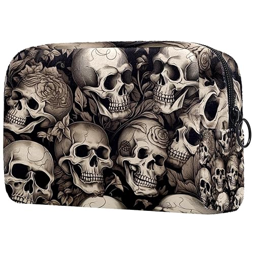 Kosmetiktasche mit Reißverschluss, geeignet für Damen, ideal für Reisen und den täglichen Gebrauch, Make-up-Organizer mit Fächern, Kulturbeutel für Herren, Totenkopf- und Rosen-Aufdruck, Mehrfarbig 3, von JRHEJTFZ