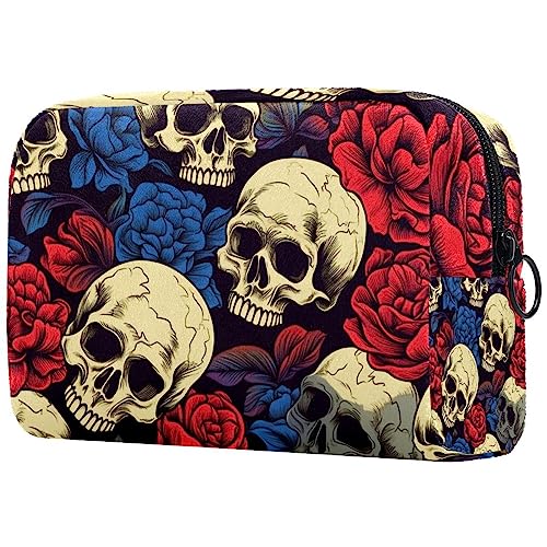 Kosmetiktasche mit Reißverschluss, geeignet für Damen, ideal für Reisen und den täglichen Gebrauch, Make-up-Organizer mit Fächern, Kulturbeutel für Herren, Totenkopf- und Rosen-Aufdruck, Mehrfarbig1, von JRHEJTFZ