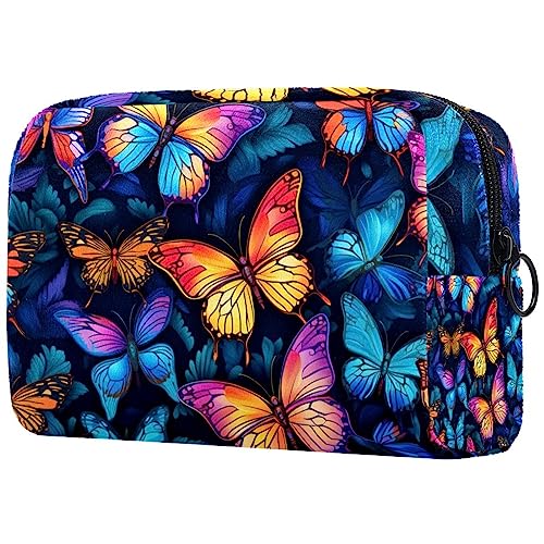 Kosmetiktasche mit Reißverschluss, geeignet für Damen, ideal für Reisen und den täglichen Gebrauch, Make-up-Organizer mit Fächern, Kulturbeutel für Herren, bunte Schmetterlinge in den Blumen, von JRHEJTFZ