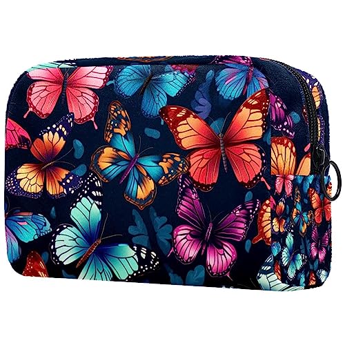 Kosmetiktasche mit Reißverschluss, geeignet für Damen, ideal für Reisen und den täglichen Gebrauch, Make-up-Organizer mit Fächern, Kulturbeutel für Herren, bunte Schmetterlinge in den Blumen, von JRHEJTFZ