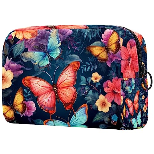 Kosmetiktasche mit Reißverschluss, geeignet für Damen, ideal für Reisen und den täglichen Gebrauch, Make-up-Organizer mit Fächern, Kulturbeutel für Herren, bunte Schmetterlinge in den Blumen, von JRHEJTFZ