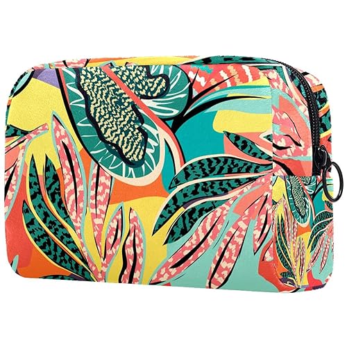 Kosmetiktasche mit Reißverschluss, geeignet für Damen, ideal für Reisen und den täglichen Gebrauch, Make-up-Organizer mit Fächern, Kulturbeutel für Herren, tropische Blumen und Palmblätter, von JRHEJTFZ