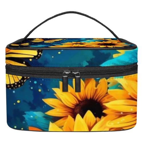 Kosmetiktasche mit Reißverschluss – leicht, große Kapazität, Make-up-Organizer, gedrucktes Design – perfekt für Damen und Mädchen, Galaxie, Sonnenblume, Schmetterling, Mehrfarbig1, von JRHEJTFZ