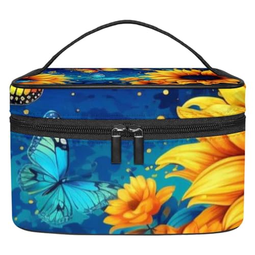 Kosmetiktasche mit Reißverschluss – leicht, große Kapazität, Make-up-Organizer, gedrucktes Design – perfekt für Damen und Mädchen, Sonnenblumen- und Schmetterlings-Motiv, bunt, Mehrfarbig 7, von JRHEJTFZ