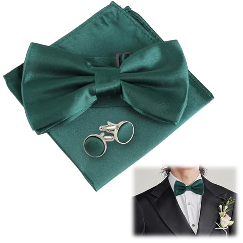 JRILUO Grüner Fliege Herren Mit Taschentuch Manschettenknöpfe Set, GrünerFliege Seide, VerstellbareFliege,Vorgebundene Fliege, für Hochzeit Sfeier Weihnachten Halloween von JRILUO