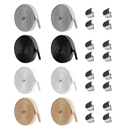 Schnürsenkel elastisch 4 Paar 100cm x 0,8cm | Schnürsenkel ohne Binden Kinder & Erwachsene | Elastische Schnürsenkel mit Schnellverschluss | 16 Verschlüsse Weiß Schwarz Hellgrau Khaki von JRILUO